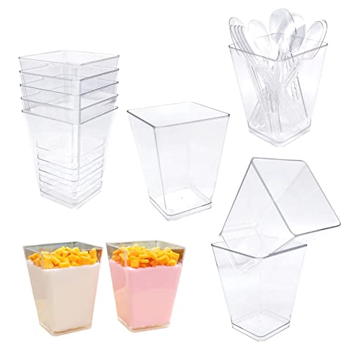 Juego de 50 vasos de postre de plástico de 160 ml, con 50 cucharas soperas, cuencos de postre, de plástico, para mousse, pudin, helado, para bufé, postres, picnic, etc.