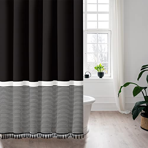 Seasonwood Black Shower Curtain White Striped with Black Tassels,Polyester Bath