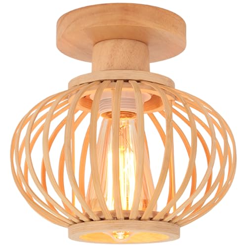 LIGKIN Plafonnier en Bambou Vintage Lustre Boho Lampe de Plafond Bois Rétro Ø20cm Abat-jour Design Lanterne Éclairage de Plafond pour Salon Couloir Chambre