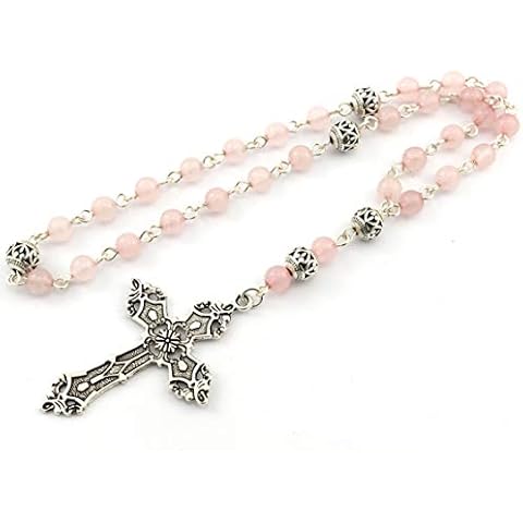 Brenda Elaine Jewelry Protestant Anglican Prayer Beads/Rosary with Rose Quartz Gemstones and Silver Plated Cross Cover