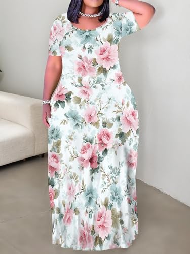 Image of PinkPatty Plus Size Dress for Women Casual Crew Neck Short Sleeve Maxi Dress Oversized Summer Beach Dresses with Pockets