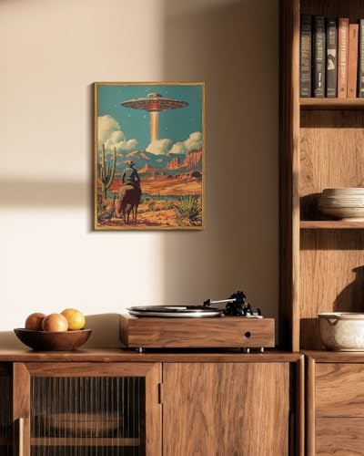 ARPEOTCY Vintage Framed Canvas Wall Art, 12x16 Inch Retro Cowboy on Horseback with UFO Spaceship, Surreal Sci-Fi Western Desert Landscape Wall Art for Living Room, Bedroom, or Office Decor