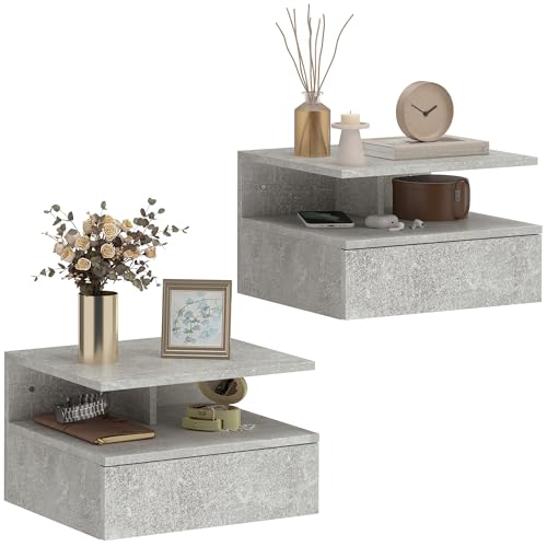 HOMCOM Set di 2 Comodini Camera da Letto Sospesi con Cassetto e Scomparto Aperto, Coppia di Comodini Moderno in Legno, Tavolini per Divano, Soggiorno, Salotto e Camera, 35x32x22.5 cm, Grigio Cemento