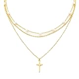 Gold Layered Pearl Necklaces for Women Dainty Pearl Cross Necklace Choker Chain Jewelry for Women