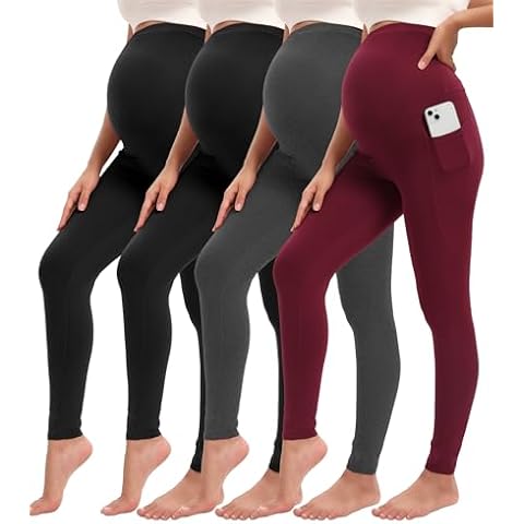 Siimcuzy 4 Pack Women’s Maternity Leggings with Pockets Over The Belly Pregnancy Workout Yoga Pants Activewear 2 Black 1 Heather Grey 1 Wine Large Cover