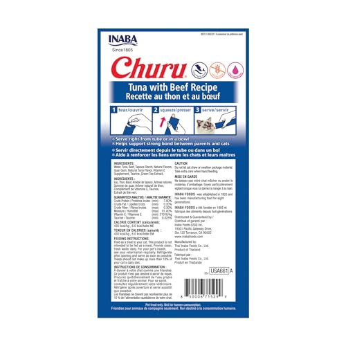 Image of INABA Churu Cat Treats, Grain-Free, Lickable, Squeezable Creamy Puree Cat Treat /Topper with Vitamin E & Taurine, 0.5 Ounces Each Tube, 24 Tubes (4 per Pack), Tuna with Beef Recipe