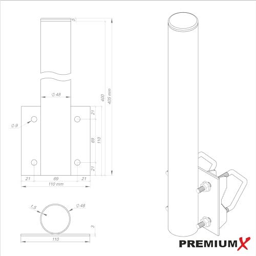 Soporte de balcón PremiumX 40cm Ø 48mm Soporte de barandilla de Acero para Antena parabólica Sat Soporte de Espejo de satélite - fijación de mástil extensión de mástil - imagen 7