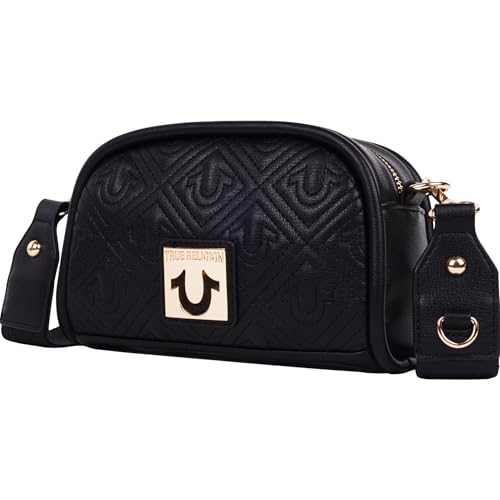 True Religion Quilted Crossbody Bag, Small Structured Purse for Women, Adjustable Strap, Quilted Horseshoe Pattern, Black