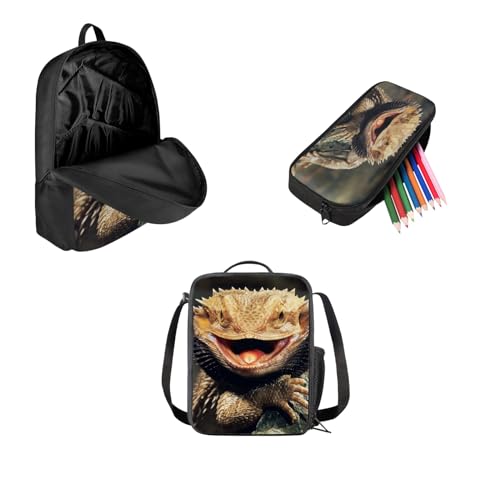Bearded Dragon Lizards Backpack Student Bookbag for Girls Boys 3 Piece Kids Casual Travel Backpack with Lunchbox Pencil Case3