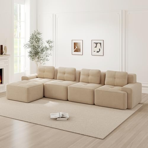 MSMOK Boneless Sofás para Sala de Estar Beige Modular con Chaise Longue en Forma de L 4 Plazas Cómodo Acolchado Asiento Bajo Sofá Corduroy Nube Sofá Sin Montaje Diseño Antideslizante