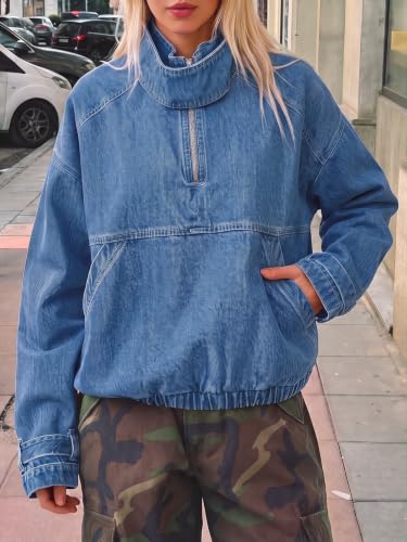 Flowyair Women's Denim Quarter Zip Pullover Jacket Mock Neck Jean Top - image 2