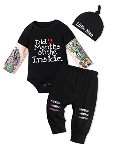 Image of Baby Boy Clothes Tattoo Sleeve Funny Romper Bodysuit+Pants 3PCS Infant Outfits Set