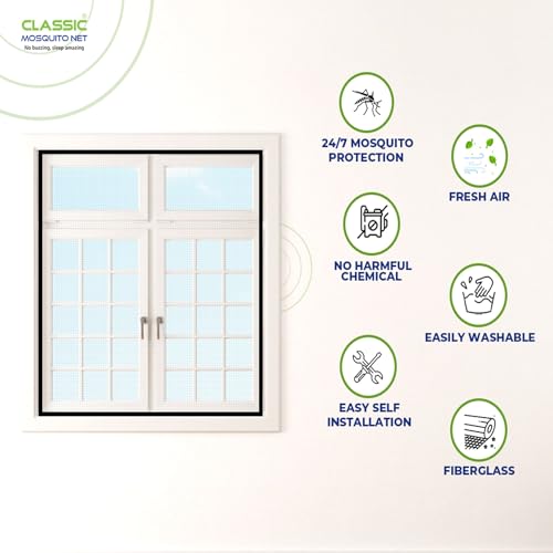 Image of Classic Mosquito Net for Windows | Pre-Stitched (Size:100cmX120cm, Color: Black) | Premium 120GSM Strong Fiberglass Net with Self Adhesive Hook Tape