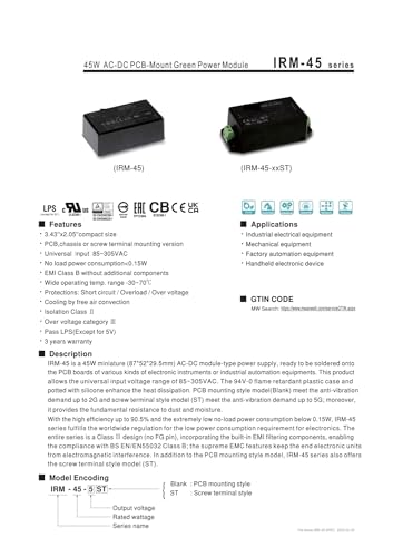 Module d'alimentation IRM-45-15 transformateur à découpage miniature 15V - 3