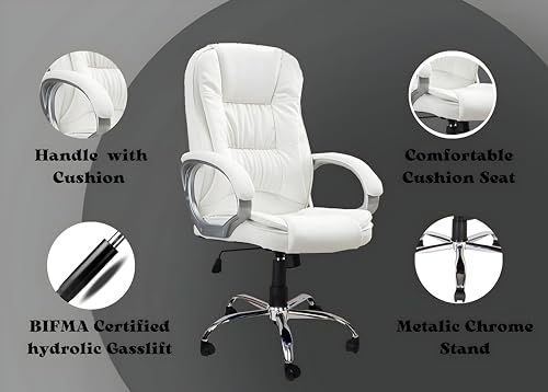 Image of MRC M061 Ergonomic Leatherette high Back Office Chair, Heavy Duty Chrome Base, Home Office Desk Chair (White)