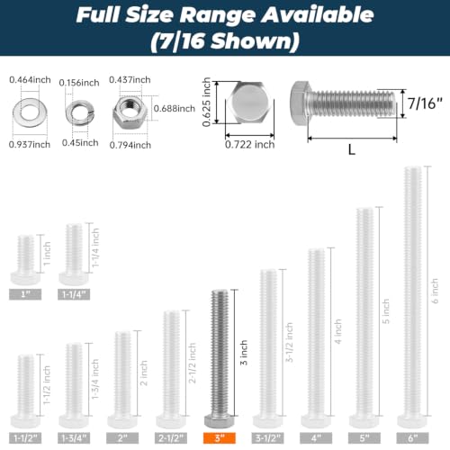 Image of 6 Sets Glvaner 7 /16-14 x 3 inch Stainless Steel Hex Head Screws Bolts, Nuts, Flat & Lock Washers, 18-8 (304) Stainless Steel, Full Thread, Coarse Thread