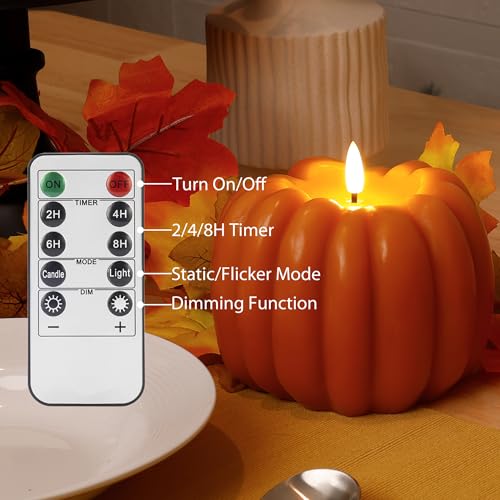 Image of Fall Flameless Candles with Remote, Real Wax Pumpkin Shaped Candle | Flickering Orange Battery Operated Candles, Remote Included, For Autumn, Harvest, Thanksgiving, Halloween, Home, Party Decor