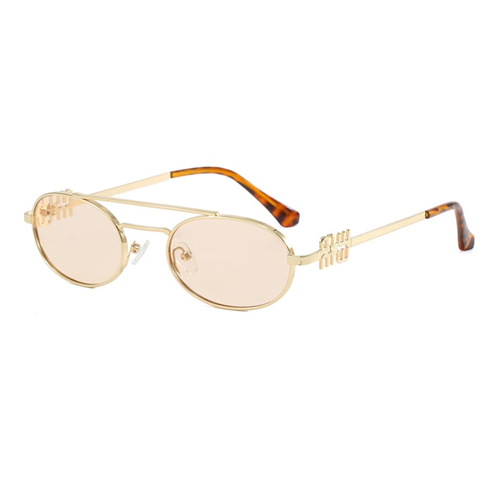 hermaner Oval Sunglasses Womens UV400 Protection Double Bridge Gold Metal Frame Personality Temples Ladies Sun Glasses Retro Sunnies Outdoor Street Travel