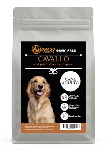 DRAGO PETFOOD Pienso para perro adulto – Caballo y patatas dulces con granada – Grain Free, hipoalergénico, mono-proteico, 45% caballo – Saco de 2 kg