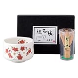 Waraku Fuuka Japanese Traditional Mino Ware Handcrafted Mini Matcha Chawan Tea Bowl Cup Set With Chasen Bamboo Tea Whisk Ceremony Tableware Pottery (Kohiki Ume)