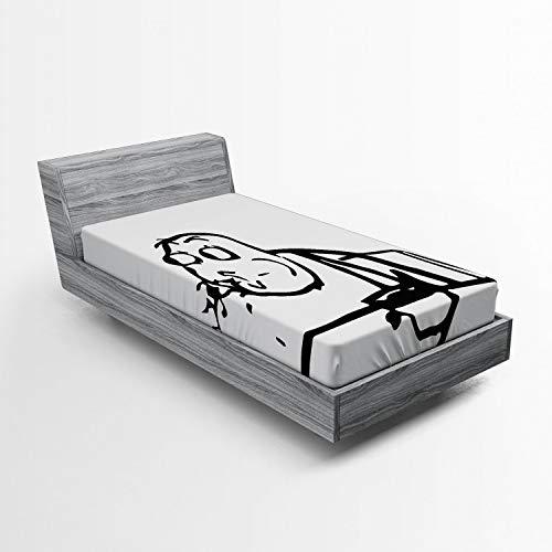 ABAKUHAUS Humour Drap-Housse, Weird Comics Troll Mémé, Pochette Élastique Tout Confort pour Literie en Tissu Décoratif, 90 x 190 cm, Noir et Blanc
