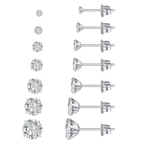 7 Pairs Silver Cubic Zirconia Stud Earrings for Women Trendy Stud Earrings Set Hypoallergenic Stud Earrings 20G CZ Studs Earrings for Women Jewelry Stud Earring