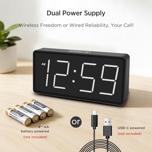 Image of Peakeep Battery Operated Digital Alarm Clock for Bedrooms Big Numbers | Cordless Large Display Auto /Manual Dimmer, Volume Adjustable, Dual Power Supply
