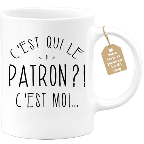 quotedazur Café-Croissant - Mug Personnalisable Texte Photo Humour C'Est Qui Le Patron - Cadeau Noël Original Drôle Chef Tasse Homme - Blanc/Céramique