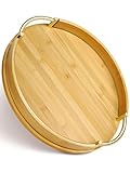 JUPELI 14″ Round Bamboo Serving Tray with Handles – Decorative Tray, Breakfast Tray, Coffee Table Tray, Ottoman Tray, Kitchen Platter for Drinks, Snacks, Vanity, Home Decor & Gifts