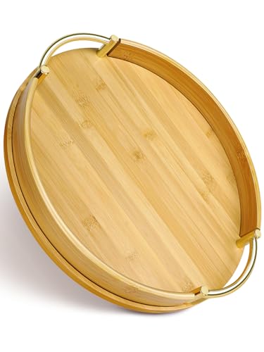 JUPELI 14″ Round Bamboo Serving Tray with Handles – Decorative Tray, Breakfast Tray, Coffee Table Tray, Ottoman Tray, Kitchen Platter for Drinks, Snacks, Vanity, Home Decor & Gifts
