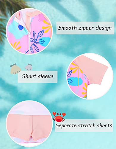 Girls Swimsuit One Piece Swimwear Ruffle Skirts Bathing Suit Zipper Neckline Short Sleeve Beachwear 3-11Y2