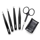 FIXBODY Tweezers Set 5-Piece - Professional Stainless Steel Tweezers with Curved Scissors, Best Precision Tweezer for Eyebrows, Splinter & Ingrown Hair Removal with Leather Travel Case