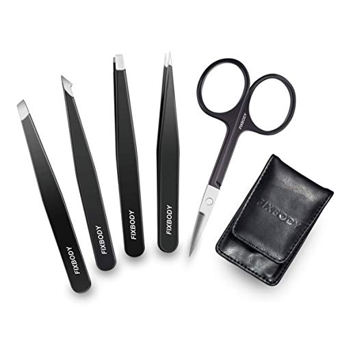 FIXBODY Tweezers Set 5-Piece - Professional Stainless Steel Tweezers with Curved Scissors, Best Precision Tweezer for Eyebrows, Splinter & Ingrown Hair Removal with Leather Travel Case