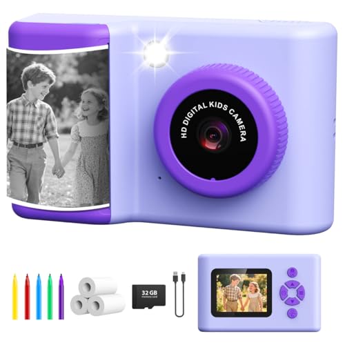 Appareil Photo Instantané Enfant, 1080P Appareil Photo Numérique Enfant, Caméra Vidéo avec Écran 2,4 Pouces, LED Flash, Carte TF 32 Go, Papier...