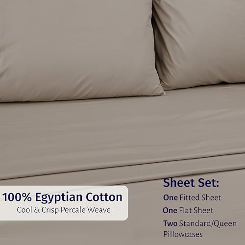 Image of California Design Den Egyptian Percale Sheet Set Queen Size - Certified 100% Egyptian Cotton, Lightweight Percale Cotton Sheets Queen Size, Deep Pockets, Crisp & Durable Bedding Set - Mushroom Taupe