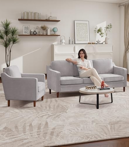 Image of Kingfun Accent Chair, Living Room Chairs, Mid Century Reading Armchair, Chenille with Solid Wood Foot, Upholstered Modern Decor for Bedroom, Apartment