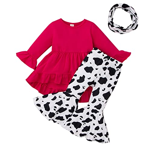 Image of Madjtlqy Toddler Baby Girls Outfits Long/Short Sleeve Cartoon Cow Head Print Top & Flare Pants Set Kids Clothes