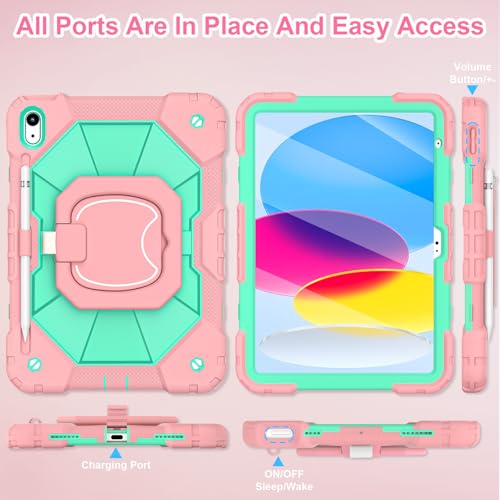 Image of WESOROL Case for iPad (A16) 11th /10th Generation 2025 /2022 with Screen Protector 360 Rotating Stand Pencil Holder iPad Case10th Generation Shockproof Cover for iPad 11th /10th Gen Case,Rose Mint