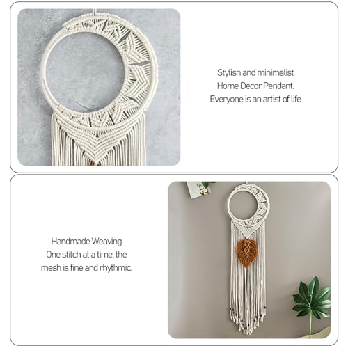 Tapiz de pared de luna macramé boho con hojas para decoración tejida artesanal 8