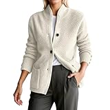 Rrongwn Strickjacke Damen Langarm Stehkragen Pullover Cardigan Mit Knöpfen Taschen Elegante Herbst Winter Jacke Mantel
