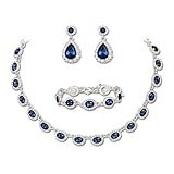 Clearine Weddding Costume Jewellery Set for Women Bridal Bridesmaids, Oval Crystal Collar Statement Necklace Teardrop Pierced Dangle Earrings Link Bracelet Set for Prom Party Sapphire Silver-Tone