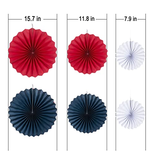 Image of MOWO Red Royal Blue White Paper Fans Hanging Decoration, 6pc | 4th July Independence National Day, Patriotic birthday graduation wedding retirement baby shower new year party decoration