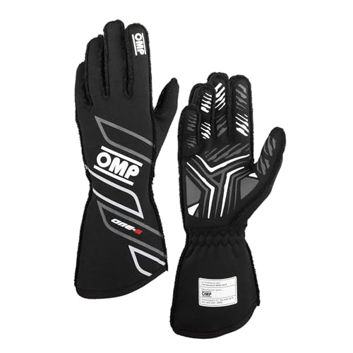 OMP Racing Driving Gloves, One-S, FIA Approved, Single Layer, Fire Retardant Fabric, Black, X-Large, Pair