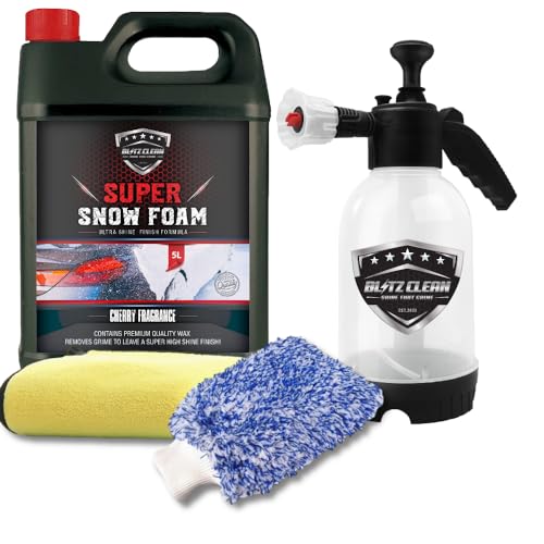 Snow Foam Plus 2L Pump up Snow Cannon Full Kit Inc Mitt & Drying Cloth Wash Detailing Valeting Kit For Car Van Caravan 5L Super Thick Pre Wash Pressurised Snow Cannon Lance (Cherry)