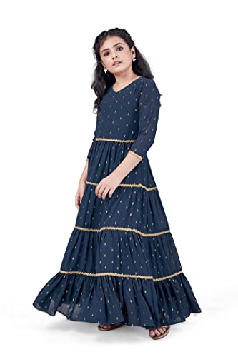 Image of Jwalin Girls Georgette Maxi Length Foil Printed Dress(Teal 7-8 Year)