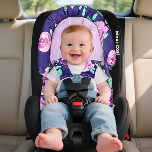 Image of Baby Car Seat Head Support with Extra Headrest, 2-in-1 Babybody Supports with Shoulder Pads Set for Newborn, Adjustable Infant Car Seat Insert Compatible with Stroller, Baby Swing (Purple Flower)
