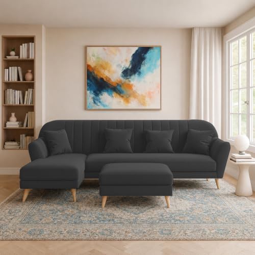Image of Atticus LHS 6 Seater L Shape Sofa Set with Ottoman Living Room (Black Colour Fabric) Premium Fabric Sofa Set for Living Room