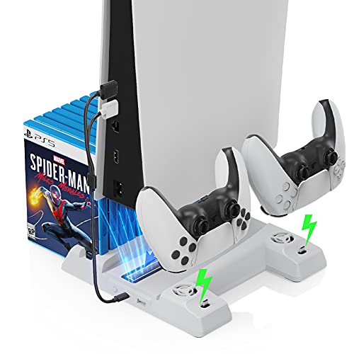DOBE-TP5-0593 PS5 Stand with Suction Cooling Fan and Dual Controller Charger Station for Playstation 5 PS5 cooling fan stand + CD storage rack + handle dual charging for PS5 DE UHD (white)