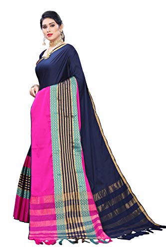 Image of AKHILAM Women's silk blend Saree with Unstitched Blouse Piece (Free size Navy Blue HYN9801)