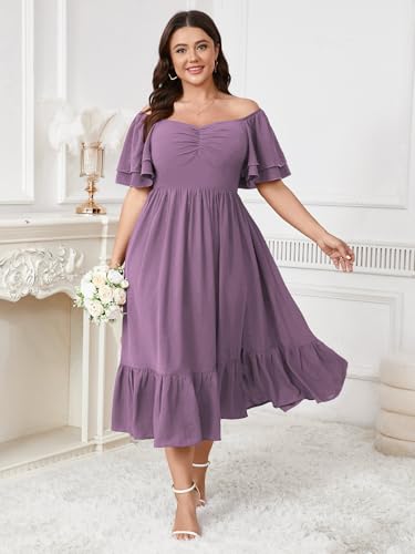 Image of SCOMCHIC Womens Plus Size Wedding Guest Cocktail Dresses Sweetheart Neckline Short Sleeve Smocked Ruffle Slit Maxi Dress